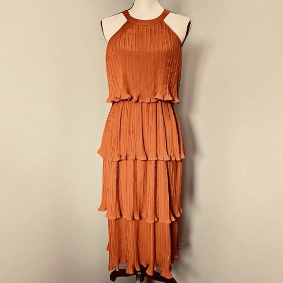 Zesica Womens Sleeveless Halter Tiered Chiffon Flowy Midi Dress Maple Rust Small - Picture 1 of 12